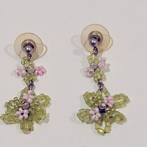 Pink and green flower drop style earrings